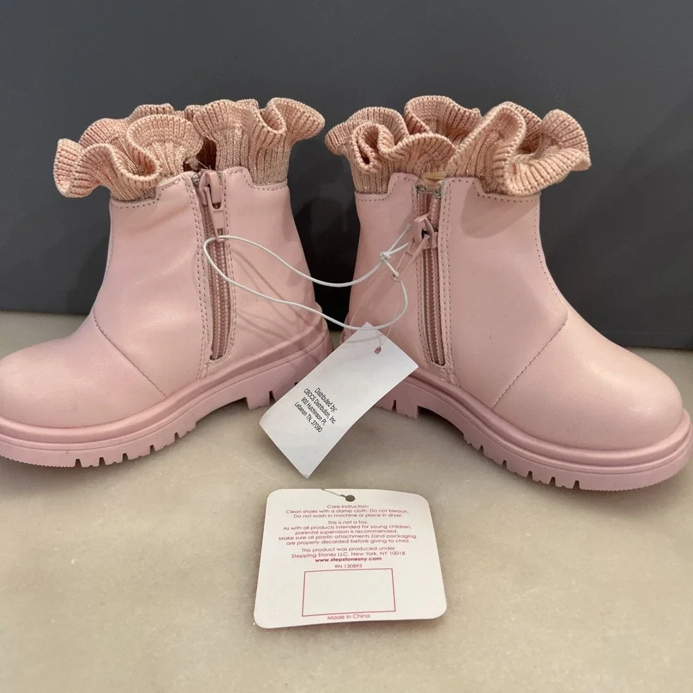 NEW Stepping Stones Girl Boots Pink Ruffled On Top Side Zip Size 5Y NWT